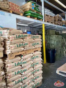 Bruce's Pet and Farm Supply warehouse area with stacked bags of Lifeline Otter Feed and other livestock feed options. Shelves are stocked with various animal feed bags, including premium brands for farm animals, alongside hay bales for easy access. A well-organized feed storage space catering to the needs of local farmers and animal owners in Maple Ridge.